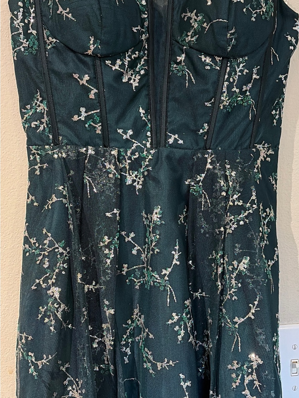 Strapless Dark Green Floral Embroidered Fit & Flare Dress